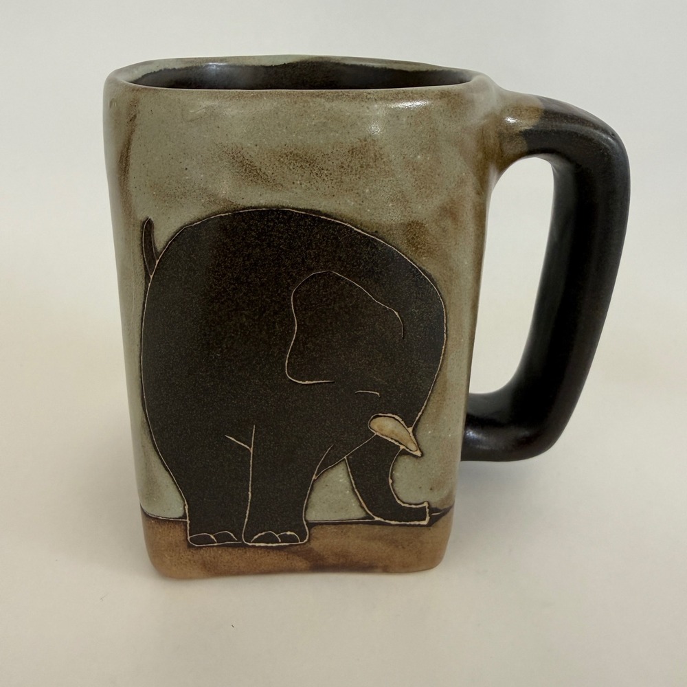 Vintage Mara Mexico Elephant Family Stoneware Pottery Mug Signed Handmade 16 Oz